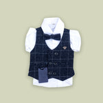 Waist Coat Navy Blue White Line Check With Dust Effect White Shirt For 4-8 Month Boy